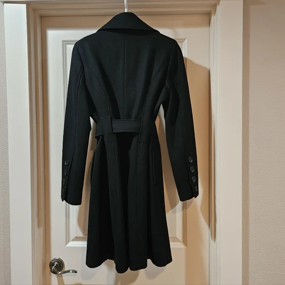 Guess Double Breast Wool Blend Coat Heavyweight Funnel Neck Belt Siz 6 Black EUC - Picture 2 of 15